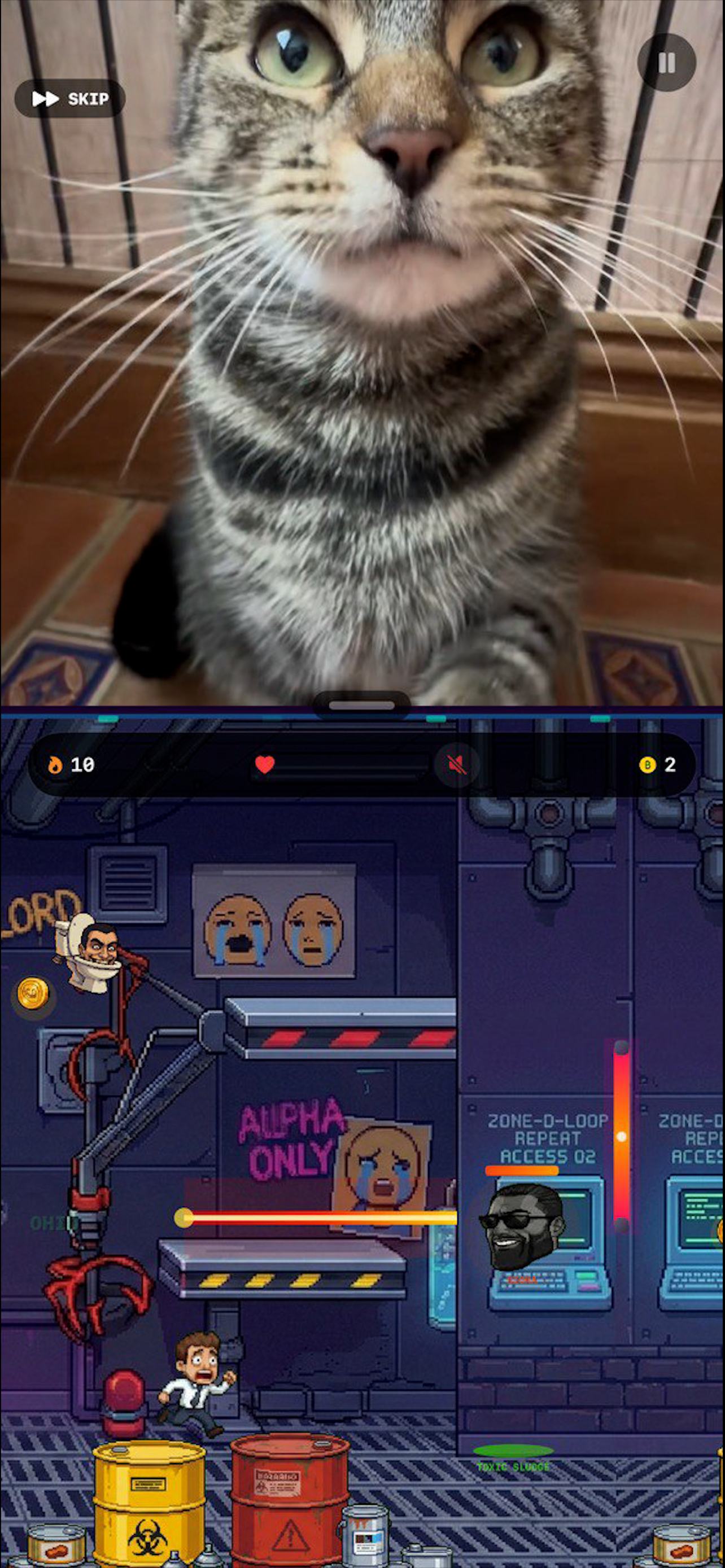 Brainrot Simulator gameplay with a slicing clip above a Flappy-style game section