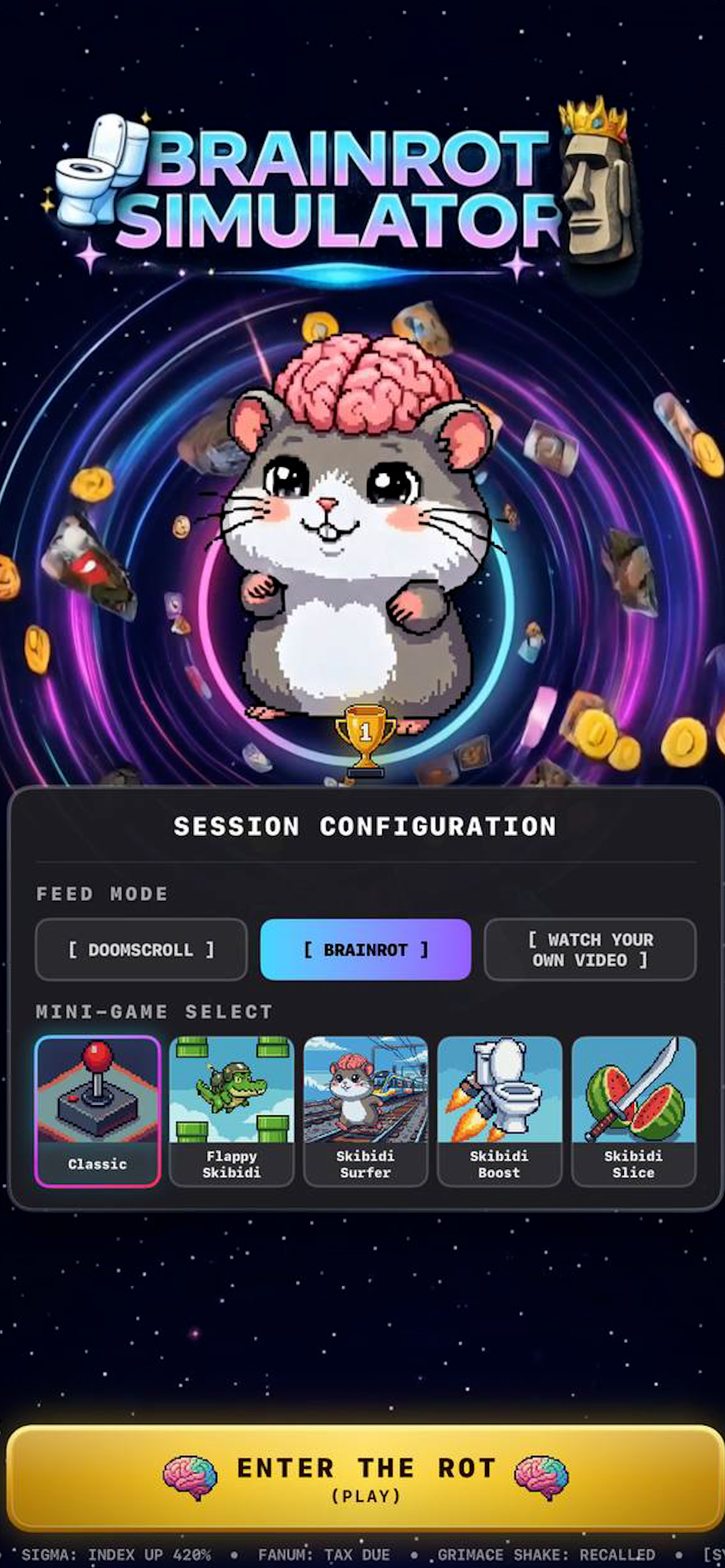 Brainrot Simulator home screen with session configuration